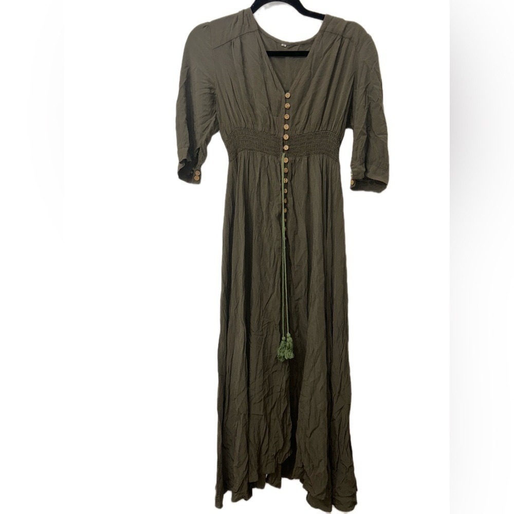 Olive Green Boho Maxi Dressβ Button with Front Tassel Size M